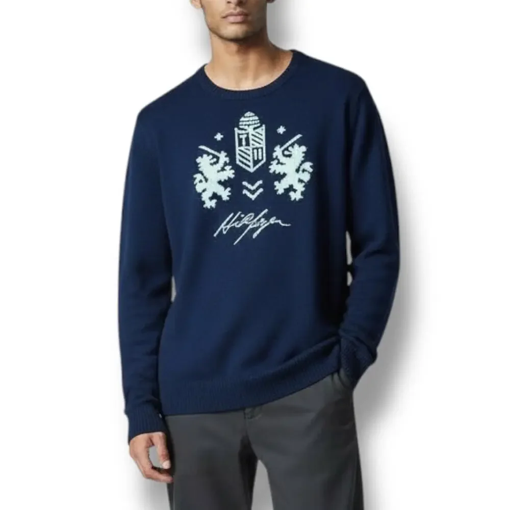 Tommy Hilfiger Men’s Size L Blue Lion Crest Crewneck Sweater - 100% Lambs Wool